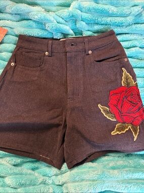 Black Denim Jean Shorts with Red Rose Embroidery